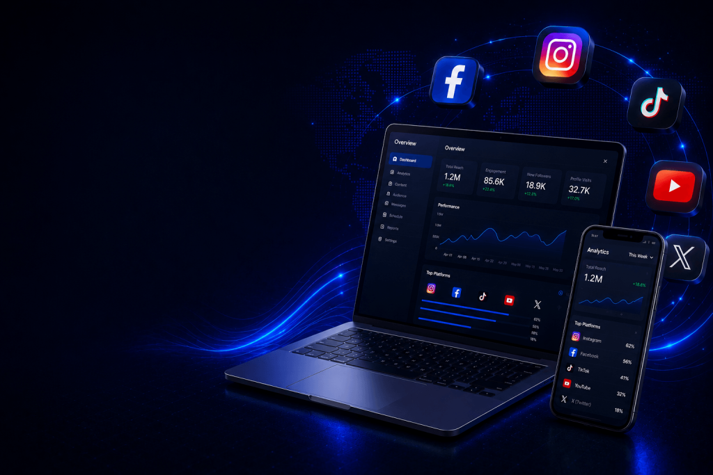Social media marketing workspace showing online growth and consistency
